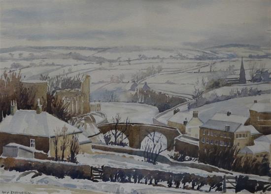 Lucy Errington, watercolour, Rive Tees at Barnard Castle in winter , 27 x 39cm